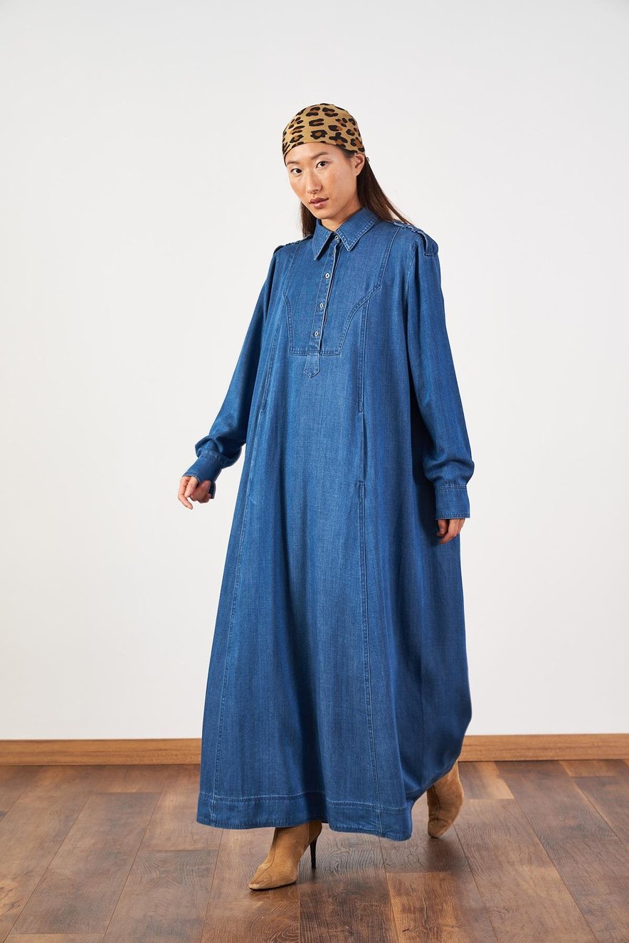 Oversize Kuşaklı Yaka Düğmeli Uzun Denim Elbise Koyu Mavi