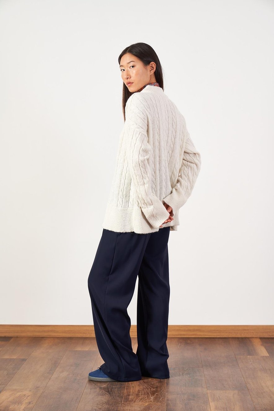 Saç Örgü Oversize Triko Kazak Ekru
