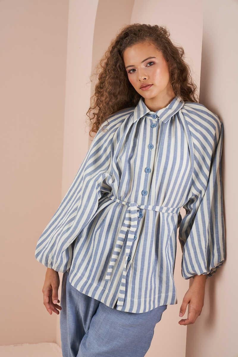 Balloon Sleeve Muslin Thin Striped  Tunic Blue