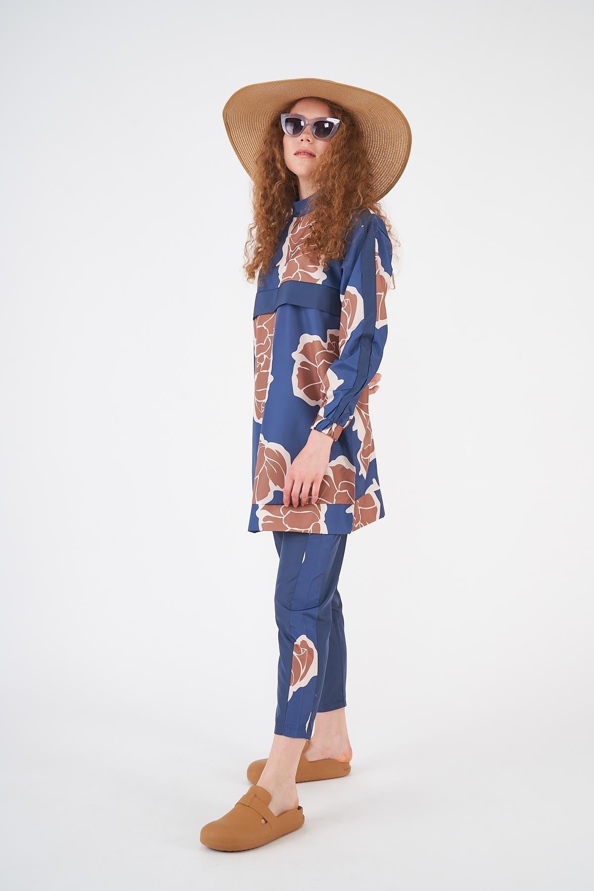 Flower Pattern Covered Swimsuit indigo Short