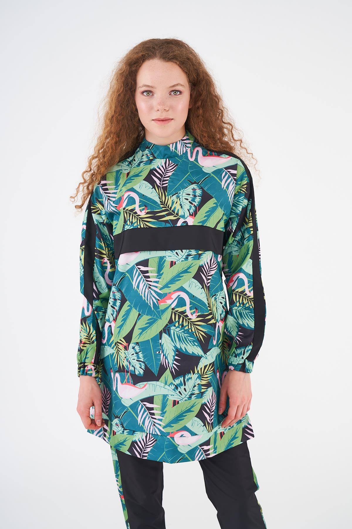 Flamingo Pattern Covered Swimsuit Black Short