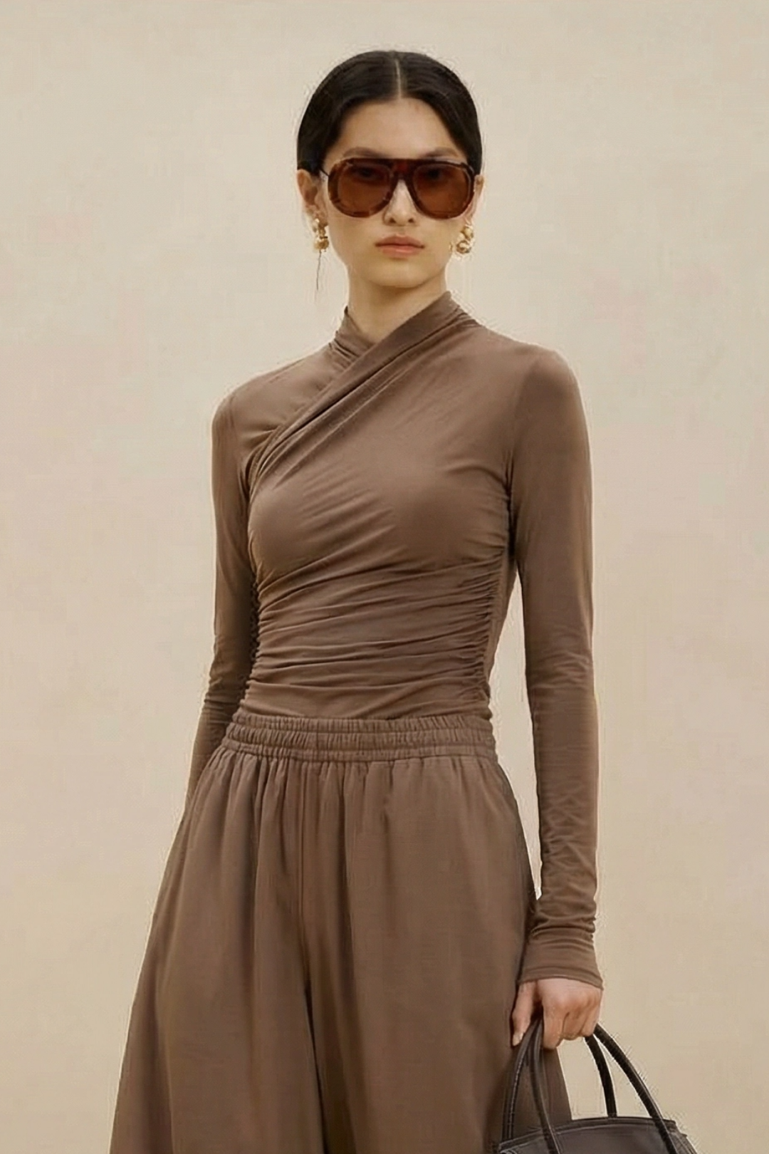 HELİA | Kruvaze Detaylı Drapeli Bluz Sütlü Kahve