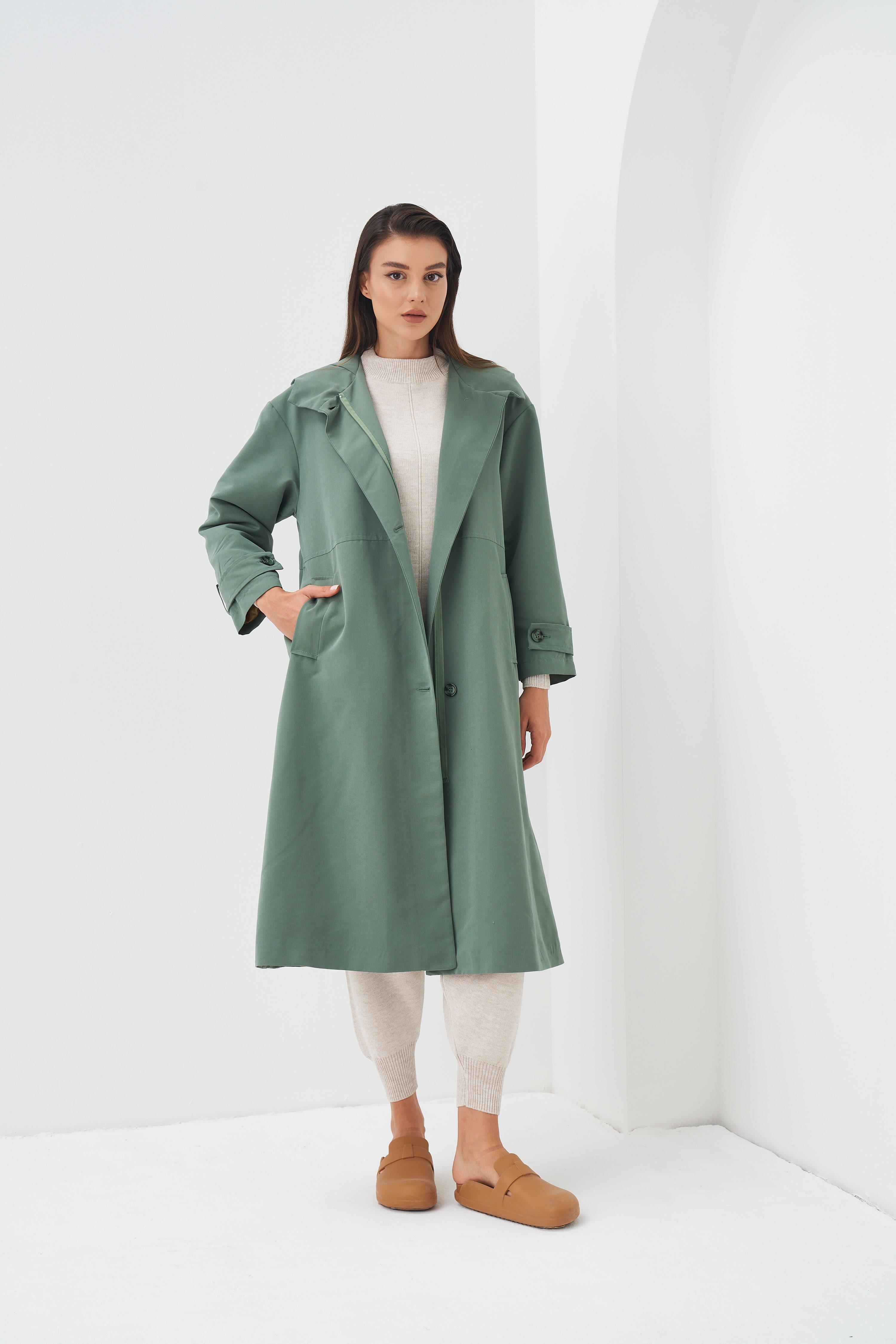 Kapüşonlu Astarlı Trenchcoat Yeşil