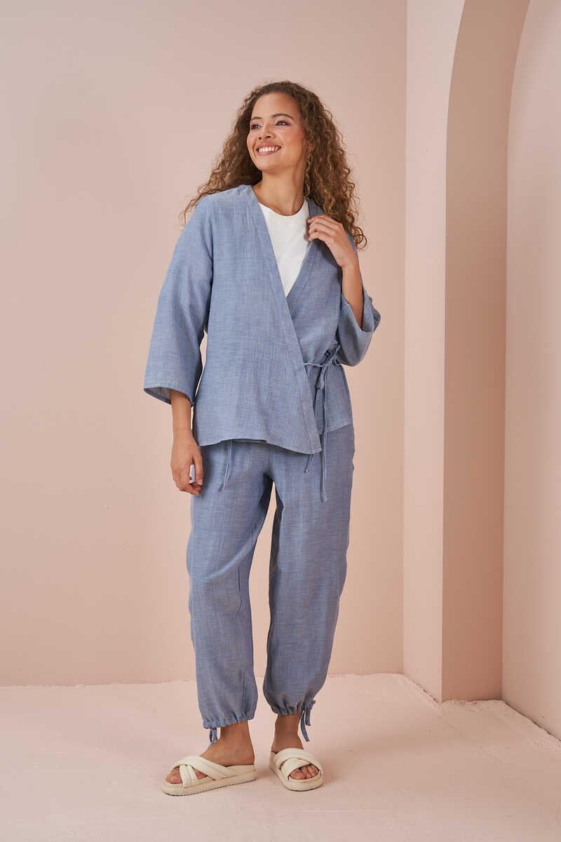 Double Breasted Kimono Muslin Blouse Blue