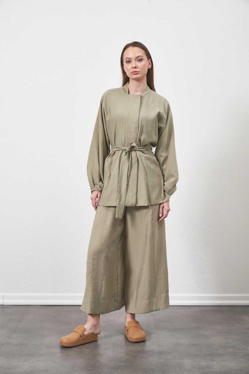 Snap Front Belted Modal Tunic Jacket Almond Green