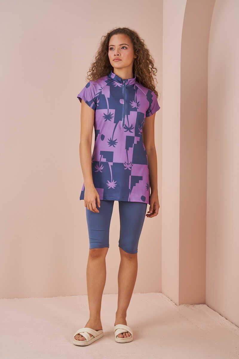 Palm Pattern Half Covered Swimsuit indigo