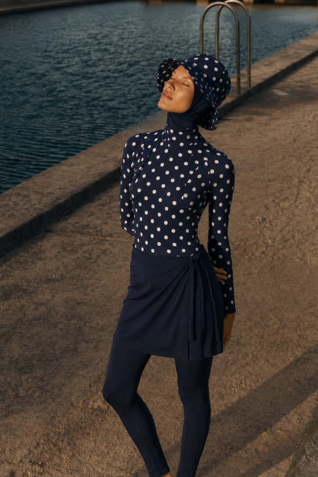 PEARL DOT | Beyaz Puantiyeli Lacivert Yüzücü Tesettür Mayo 5 li Set