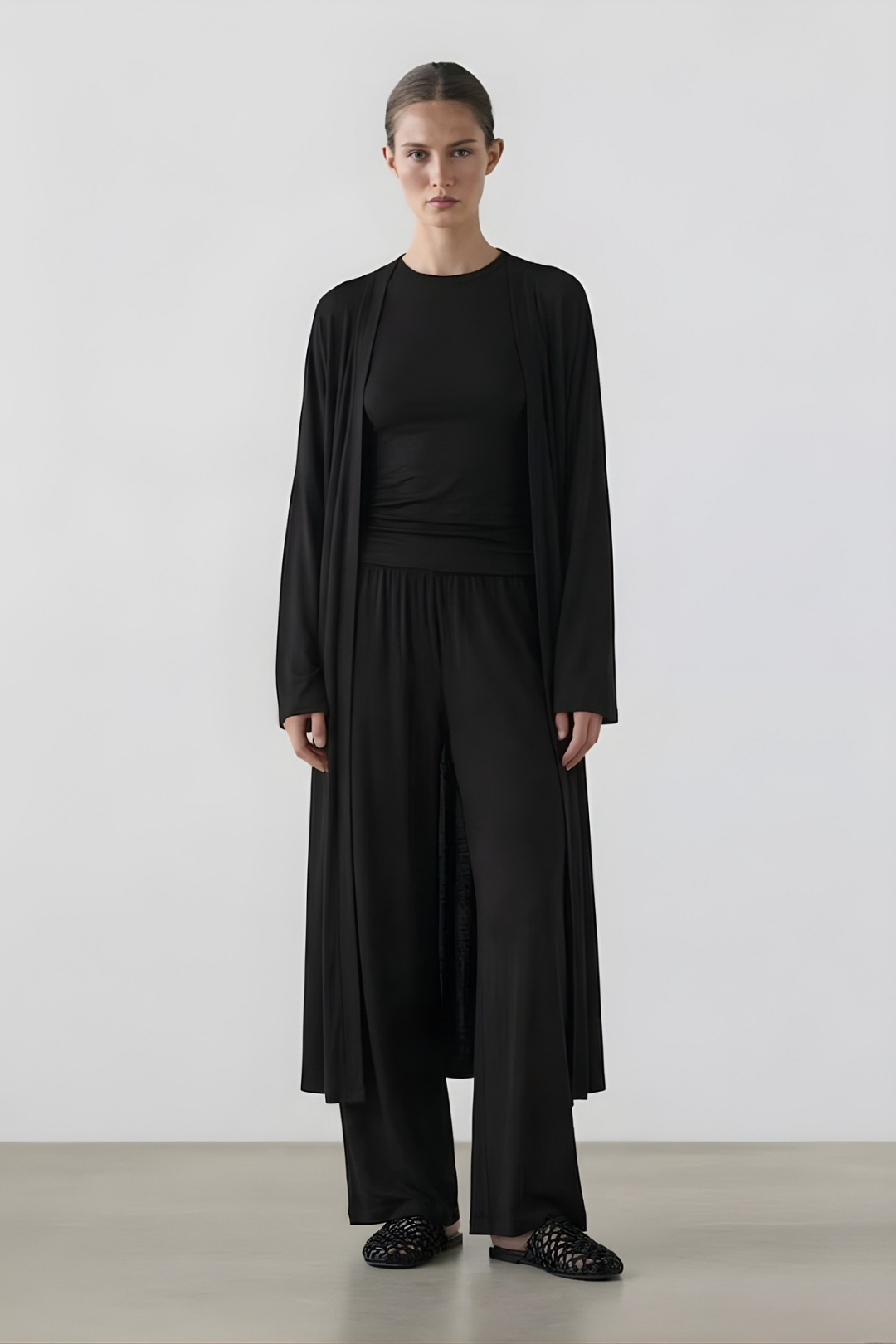 RELAXIA | 3'lü Kimono Takım: Kimono, T-shirt ve Beli Lastikli Pantolon Siyah