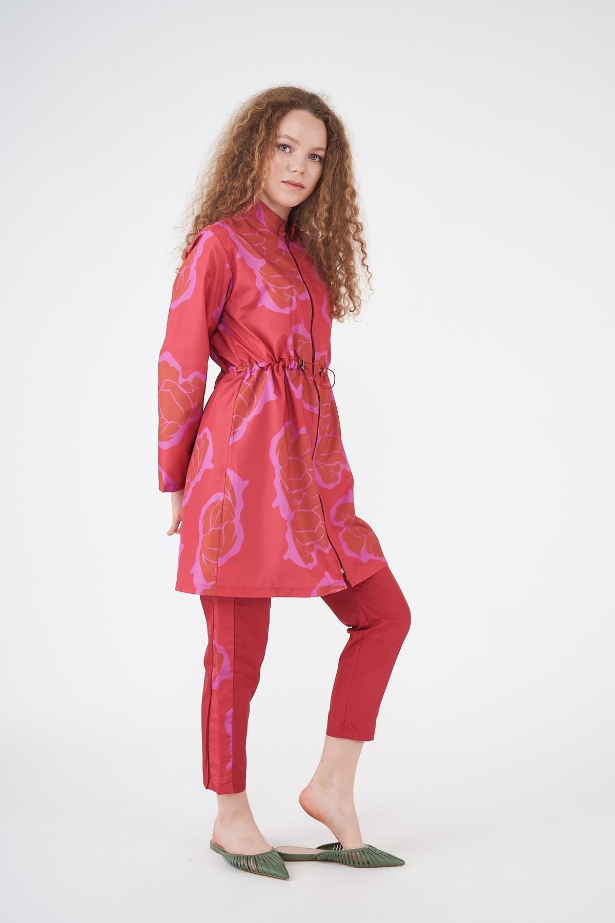 Stopper Flower Pattern Covered Swimsuit Red