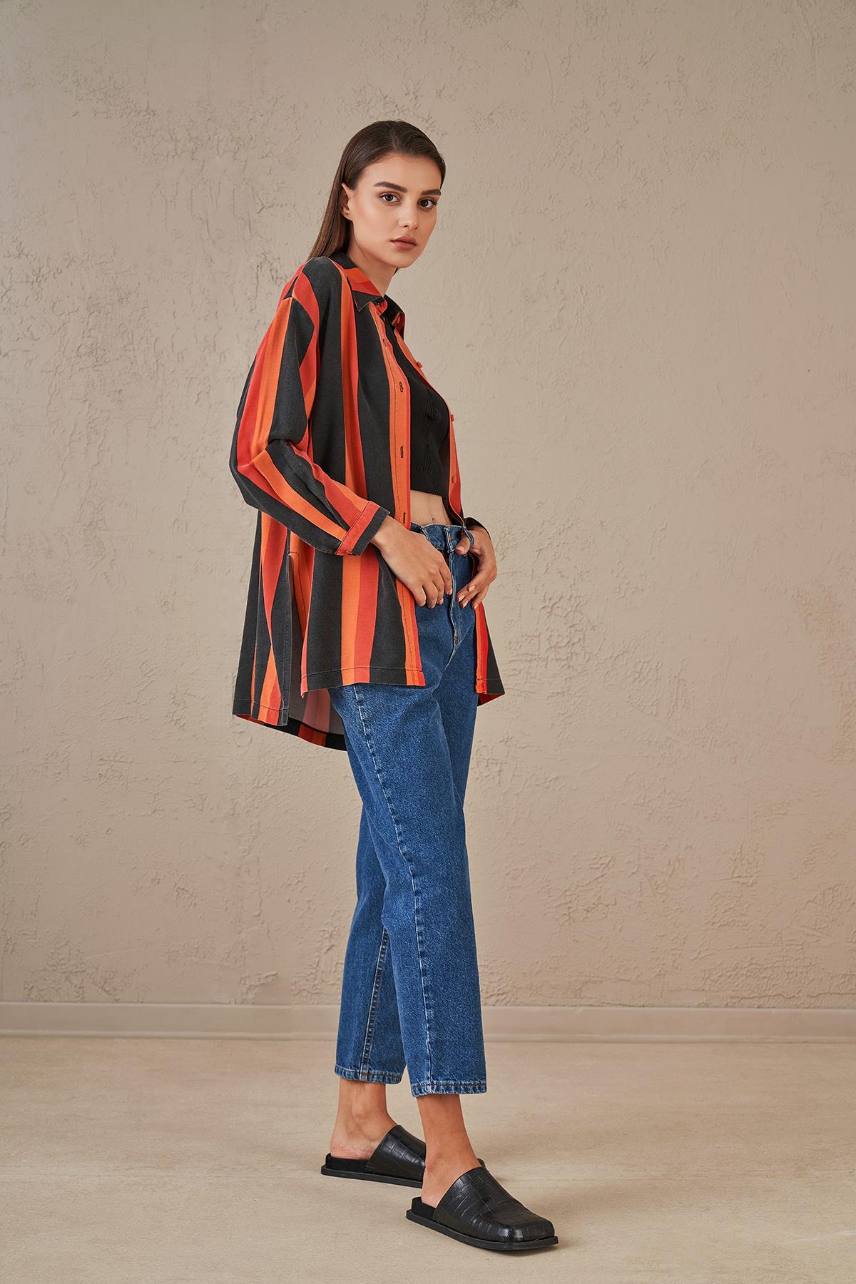 VİSKON SİYAH ÇİZGİLİ GÖMLEK 1114