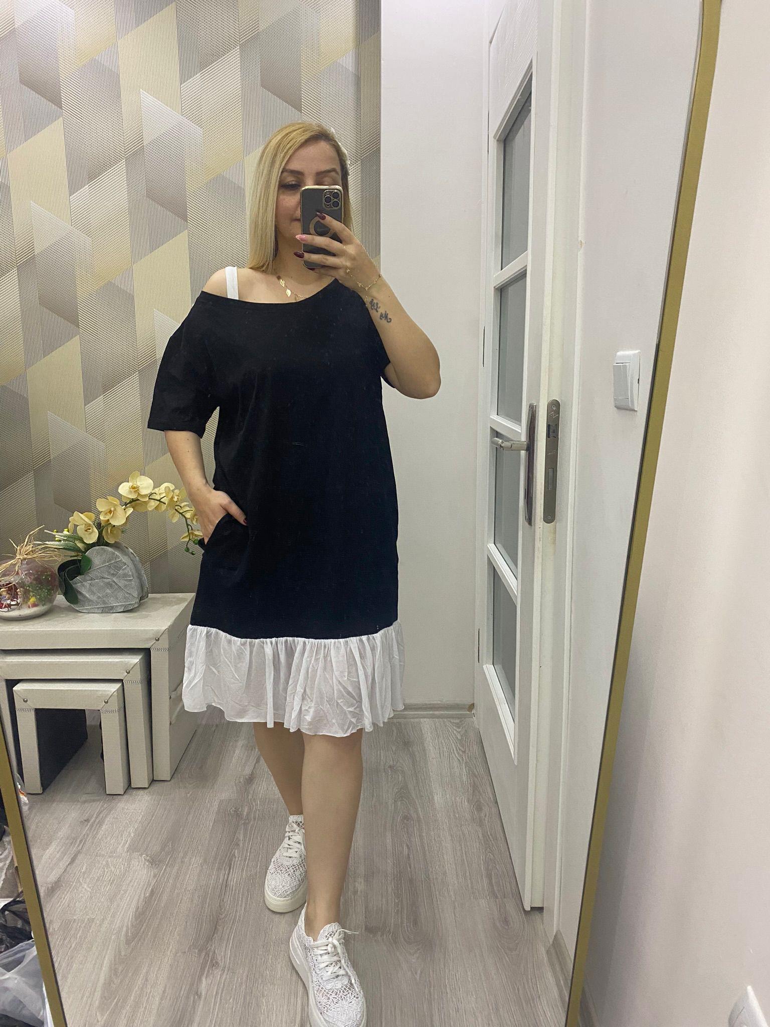 Fırfır Detaylı Penye Elbise Siyah