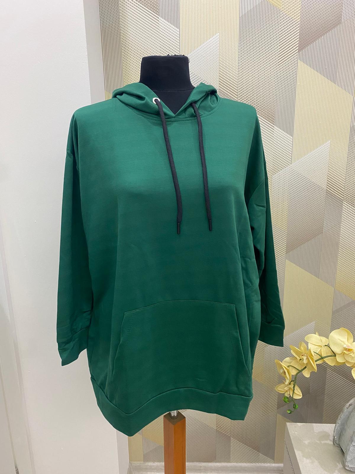 Kapüşonlu Uzun Sweat Koyu Yeşil