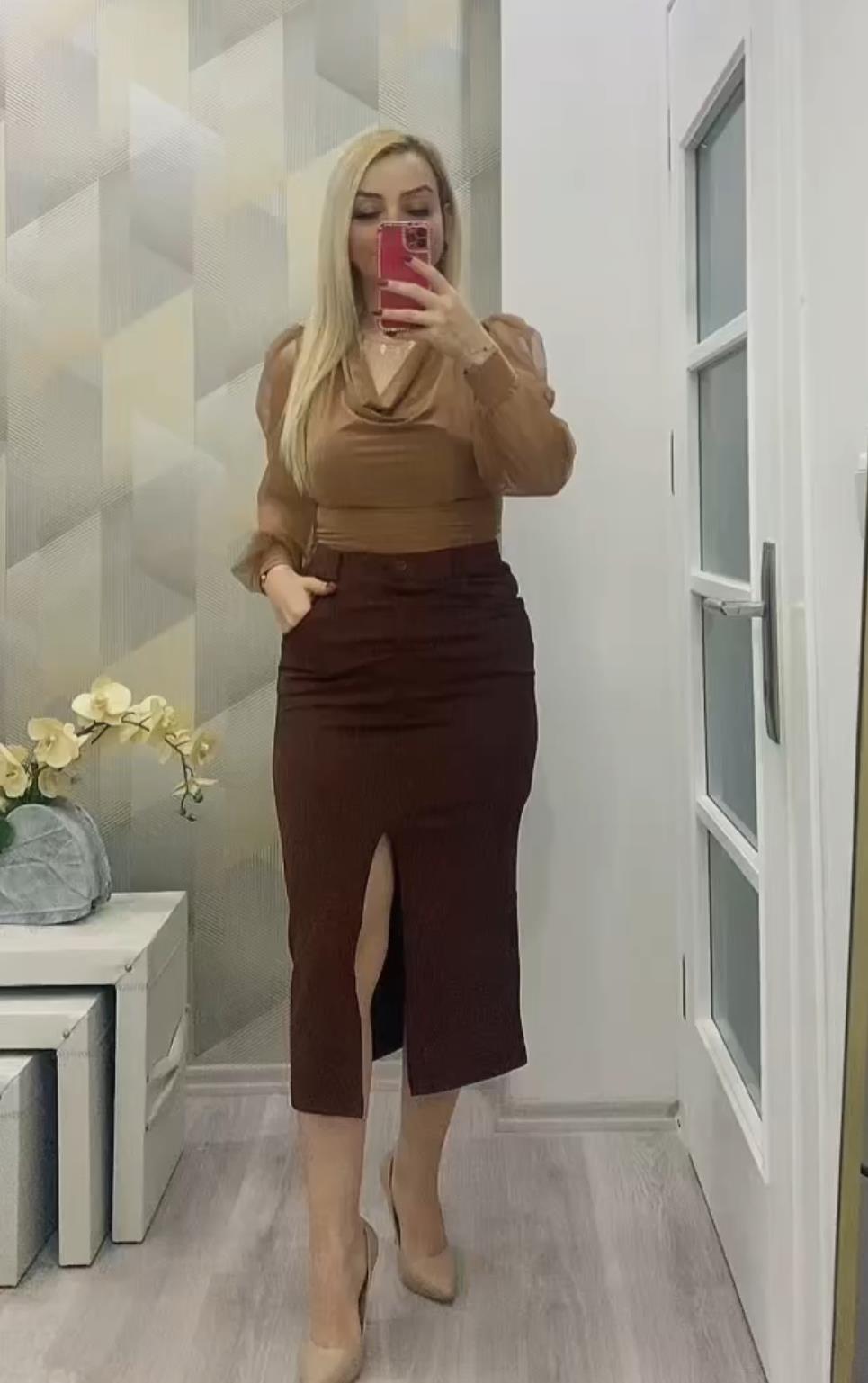 Likralı Yırtmaç Detay Kalem Etek Kahverengi