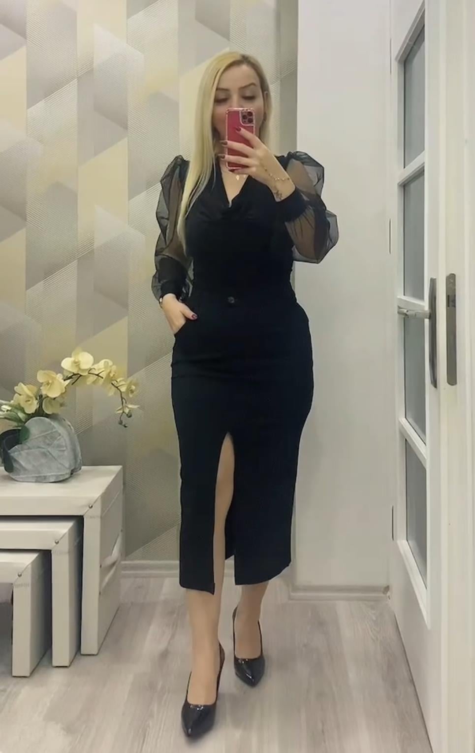 Likralı Yırtmaç Detay Kalem Etek Siyah