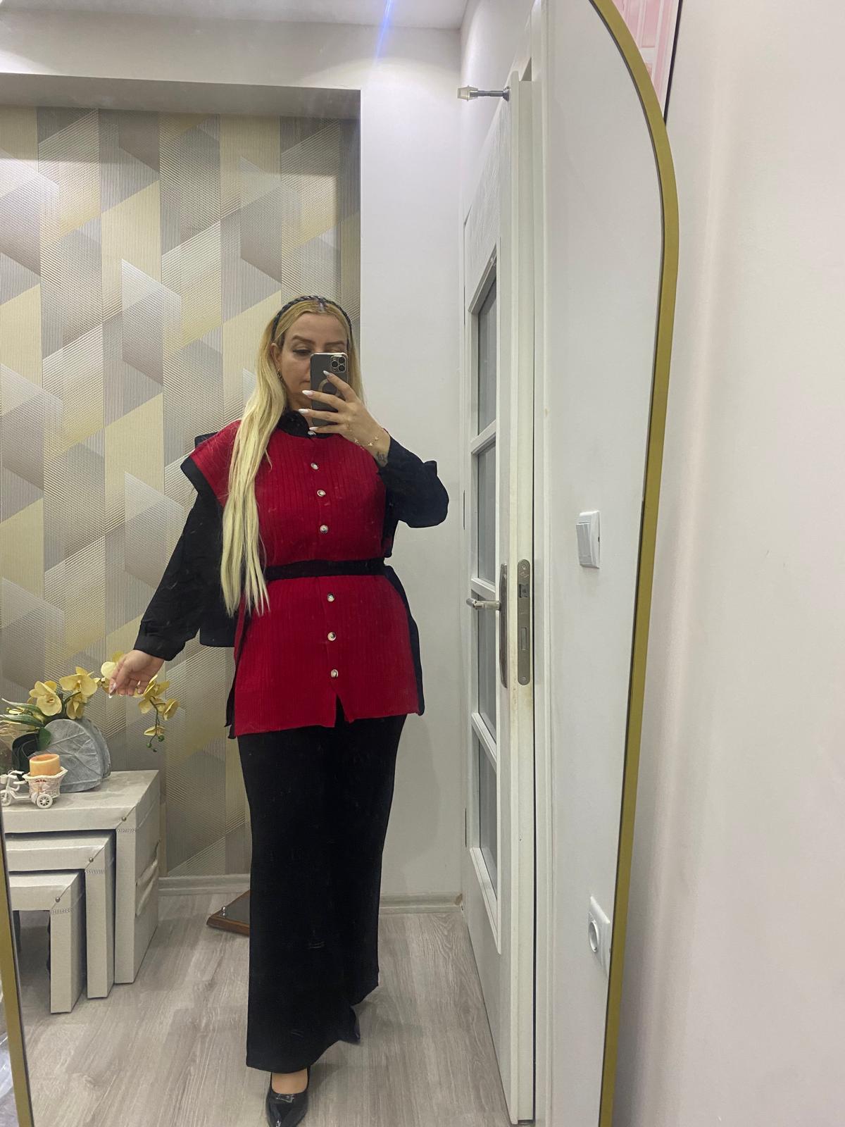Bağlama Detay Yelekli Triko İkili Takım Kırmızı