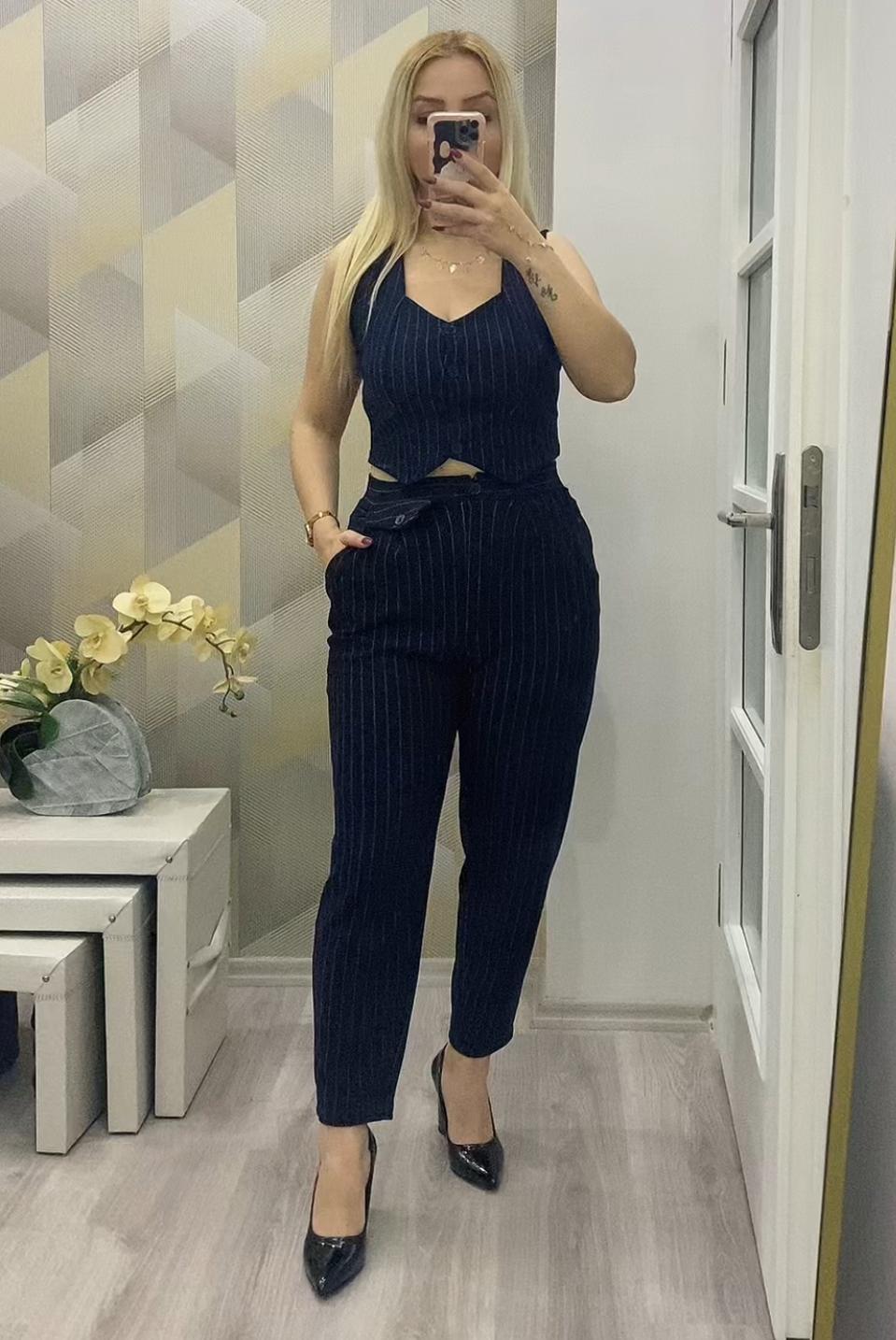 Çizgili  Likralı Jogger Pantolon Lacivert