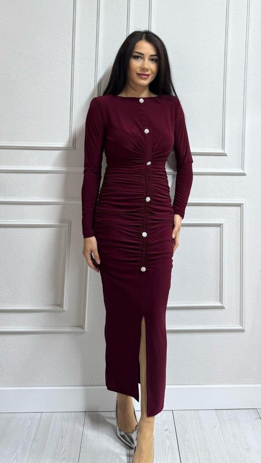 Düğme Detay Drape ve Vatkalı Elbise Bordo