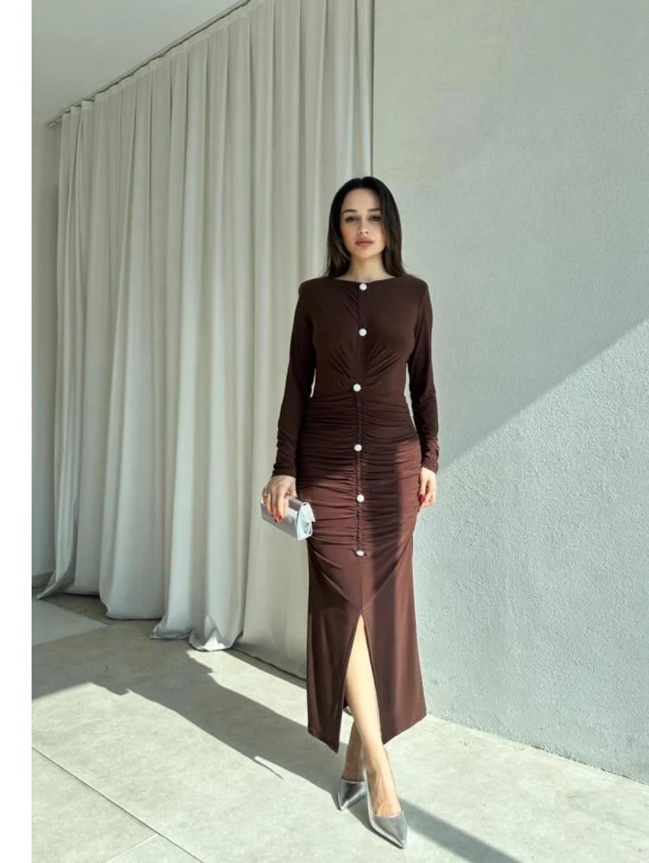 Düğme Detay Drape ve Vatkalı Elbise Kahverengi