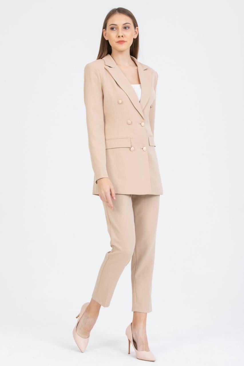 Gold Detay Blazer Ceket İkili Takım Bej