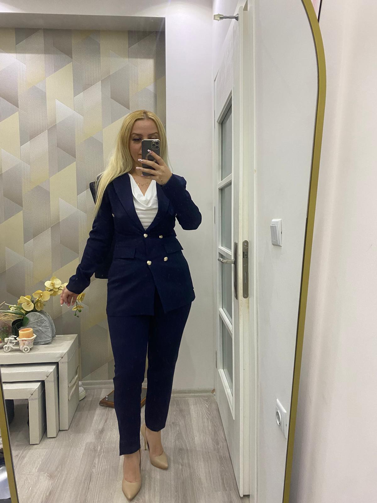 Gold Detay Blazer Ceket İkili Takım Lacivert
