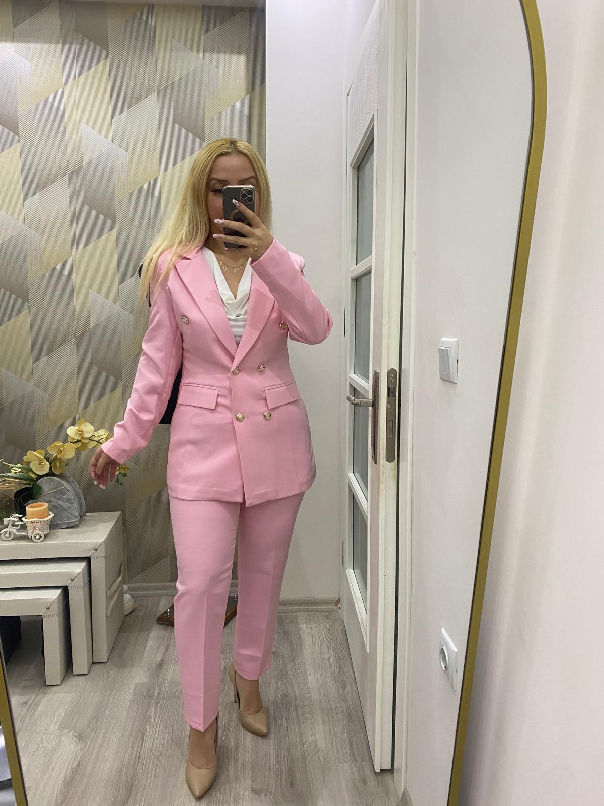 Gold Detay Blazer Ceket İkili Takım Pembe
