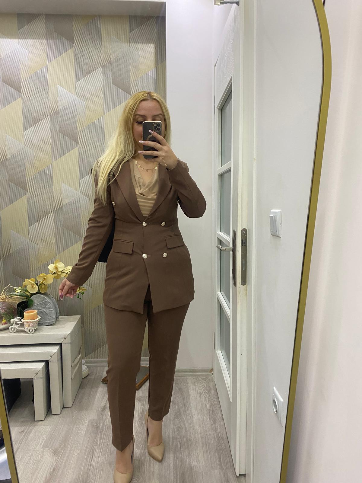 Gold Detay Blazer Ceket İkili Takım Vizon