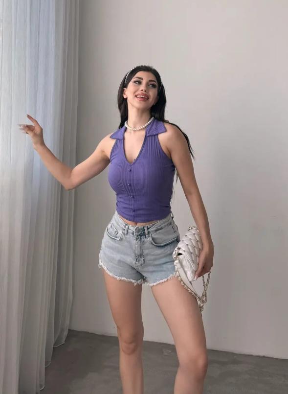 Gömlek Yaka Önü Düğme Detaylı Bluz Mor