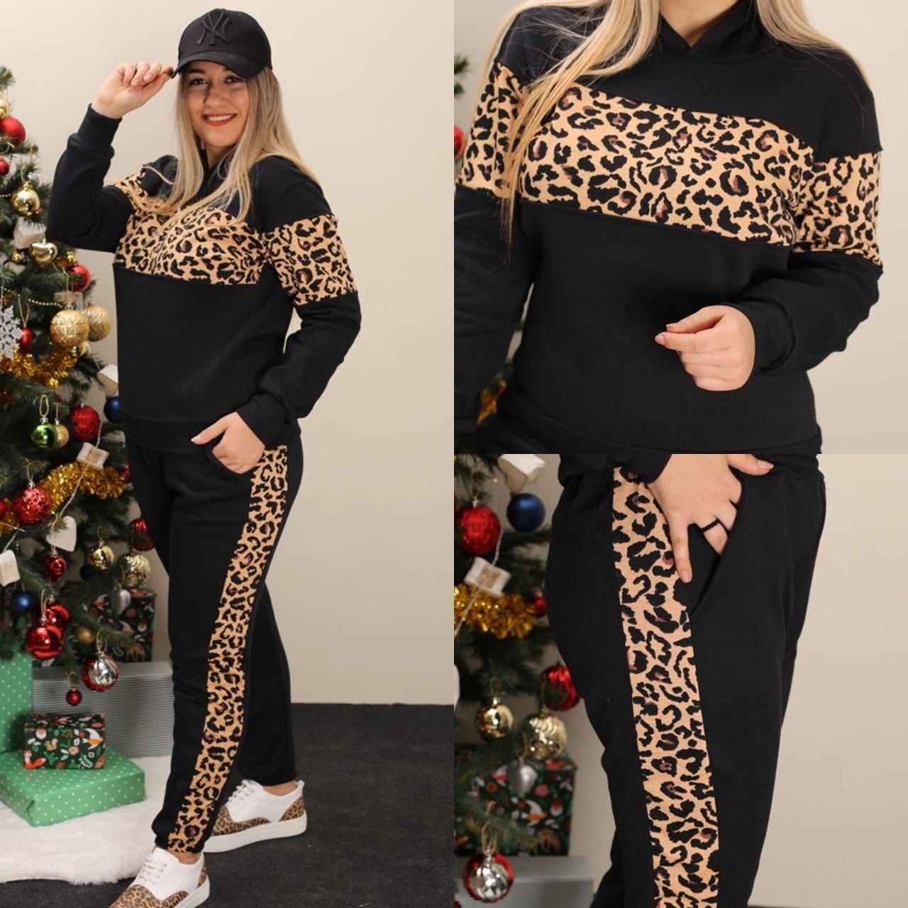 İki iplik Leopar Desen Eşofman Takımı Siyah