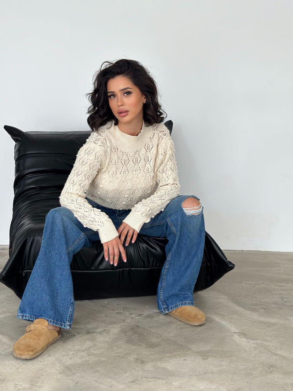 İncili Sırt Detay Triko Bluz Krem