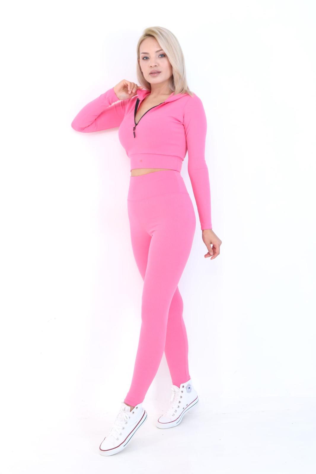Kapüşonlu Esnek İkili Tayt Takım Pembe