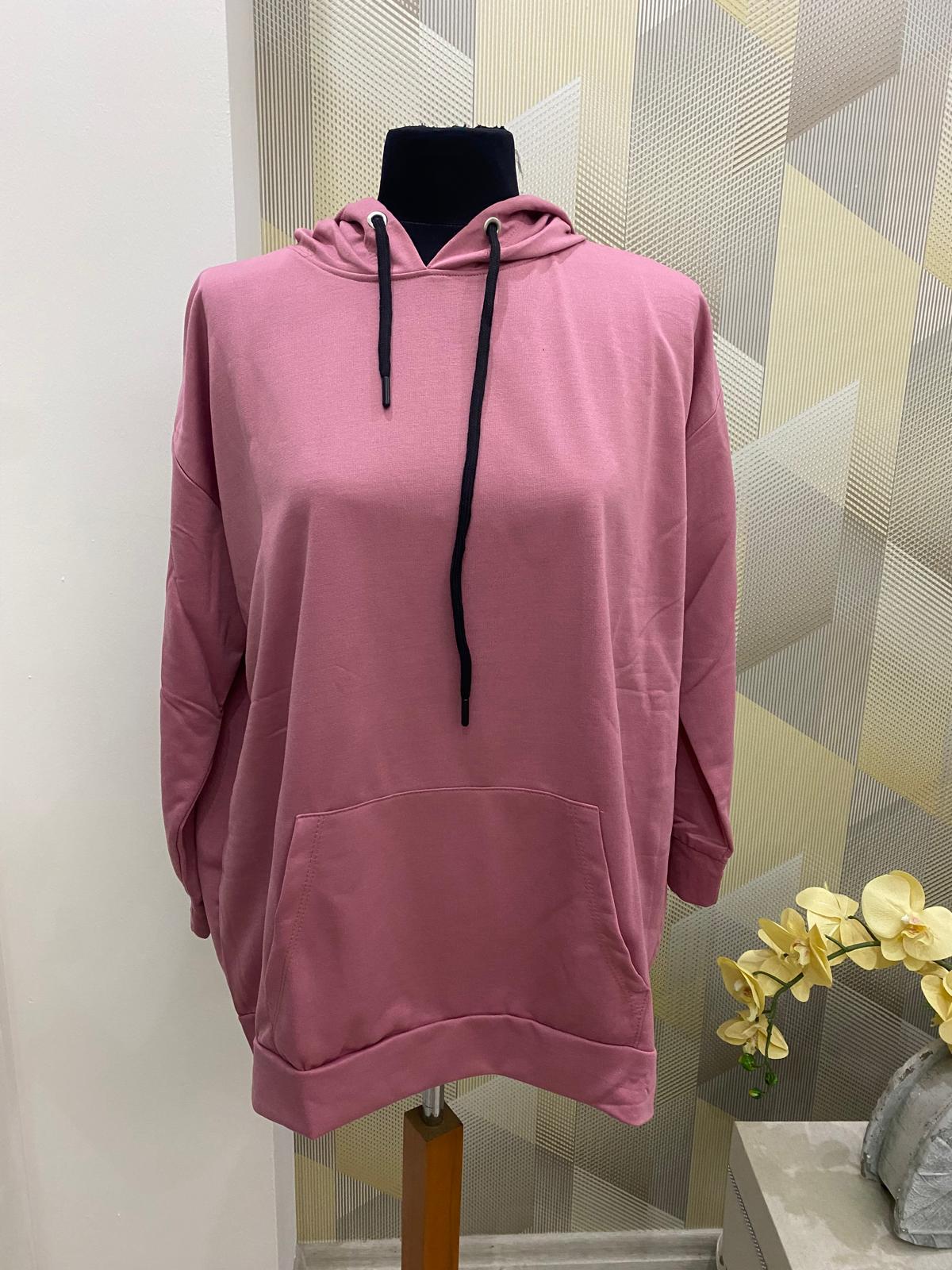 Kapüşonlu Uzun Sweat Pembe