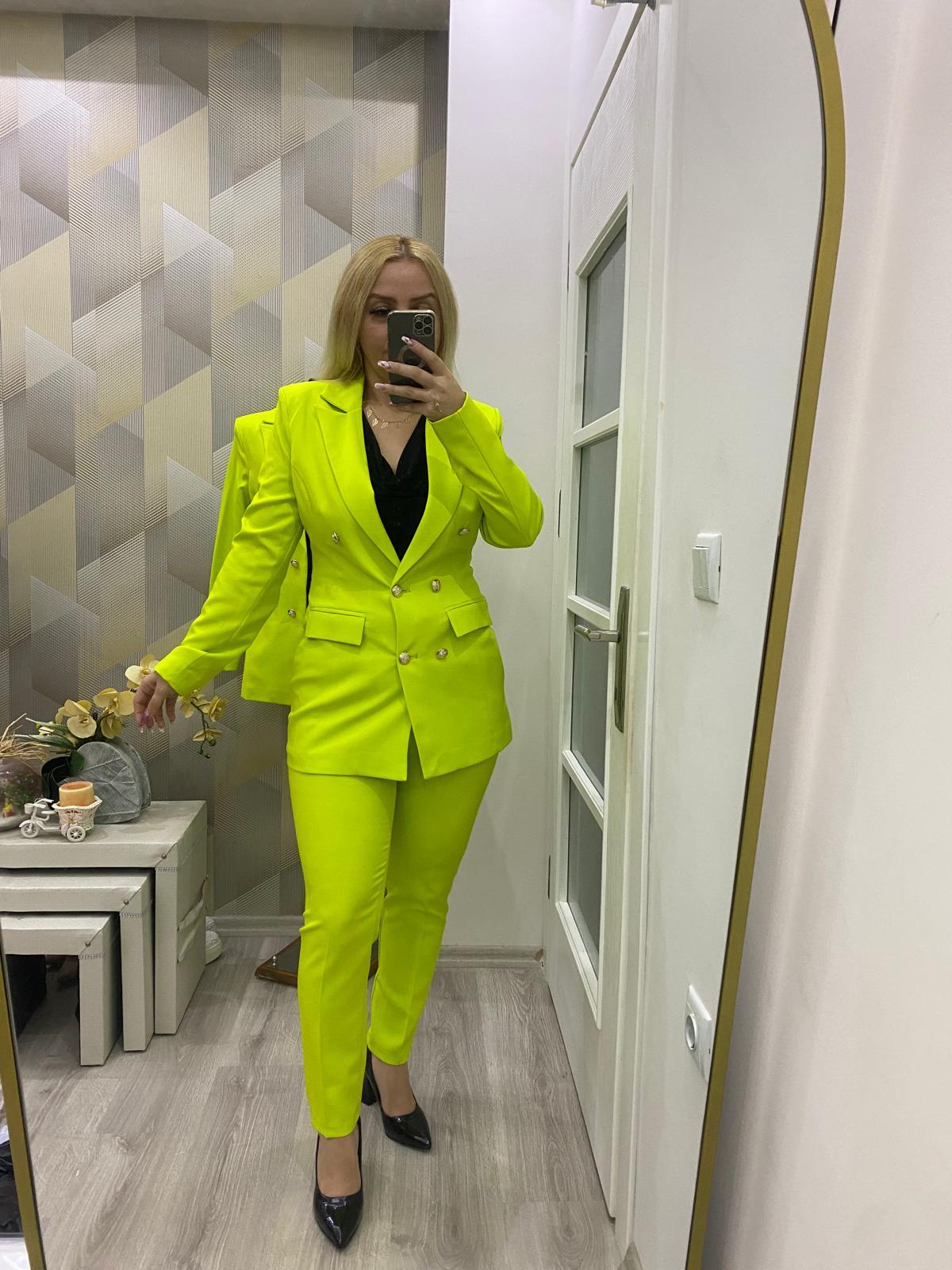 Kemer Detay Blazer Ceket İkili Takım Neon Yeşil