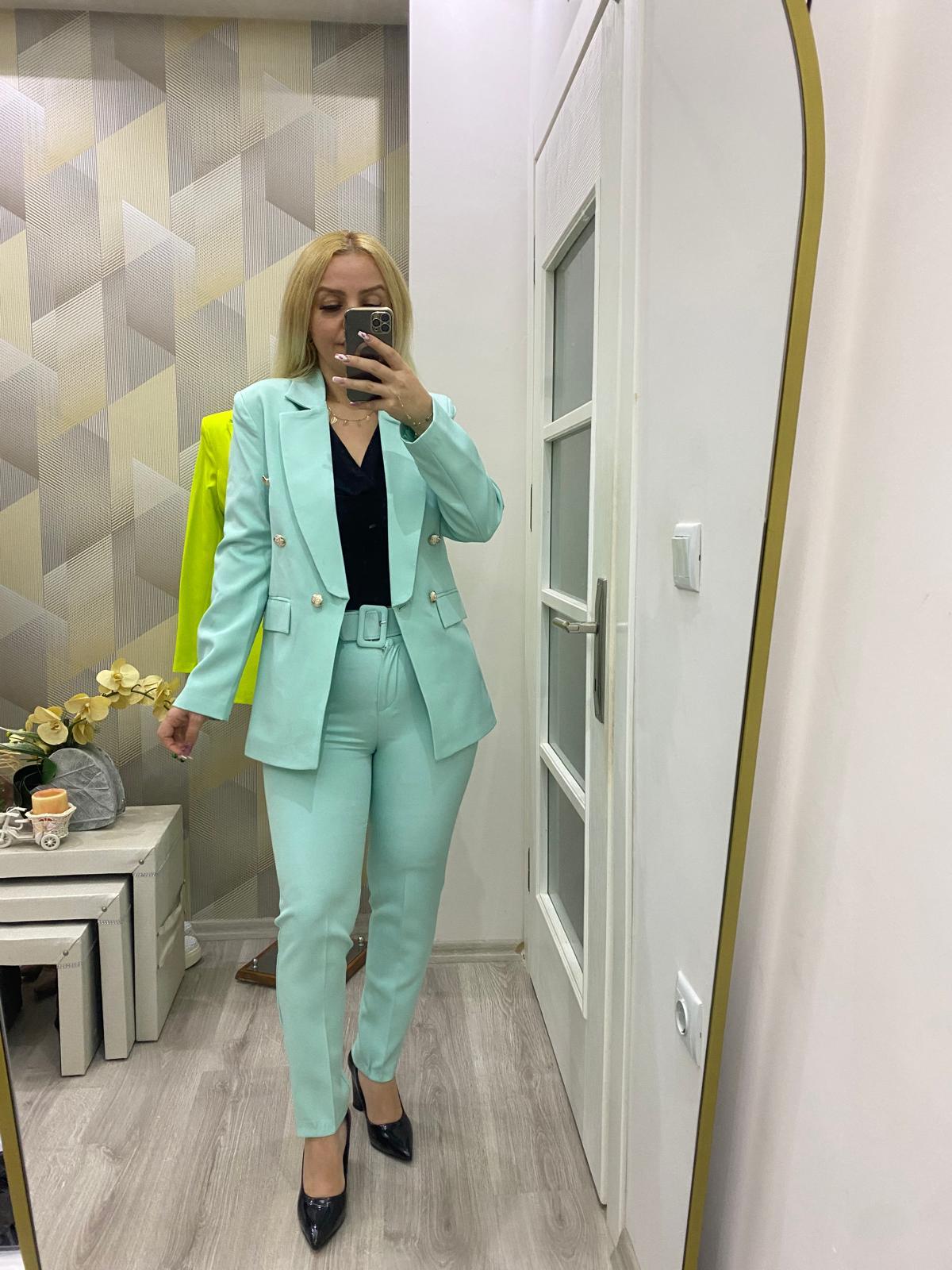 Kemer Detay Blazer Ceket İkili Takım Su Yeşili