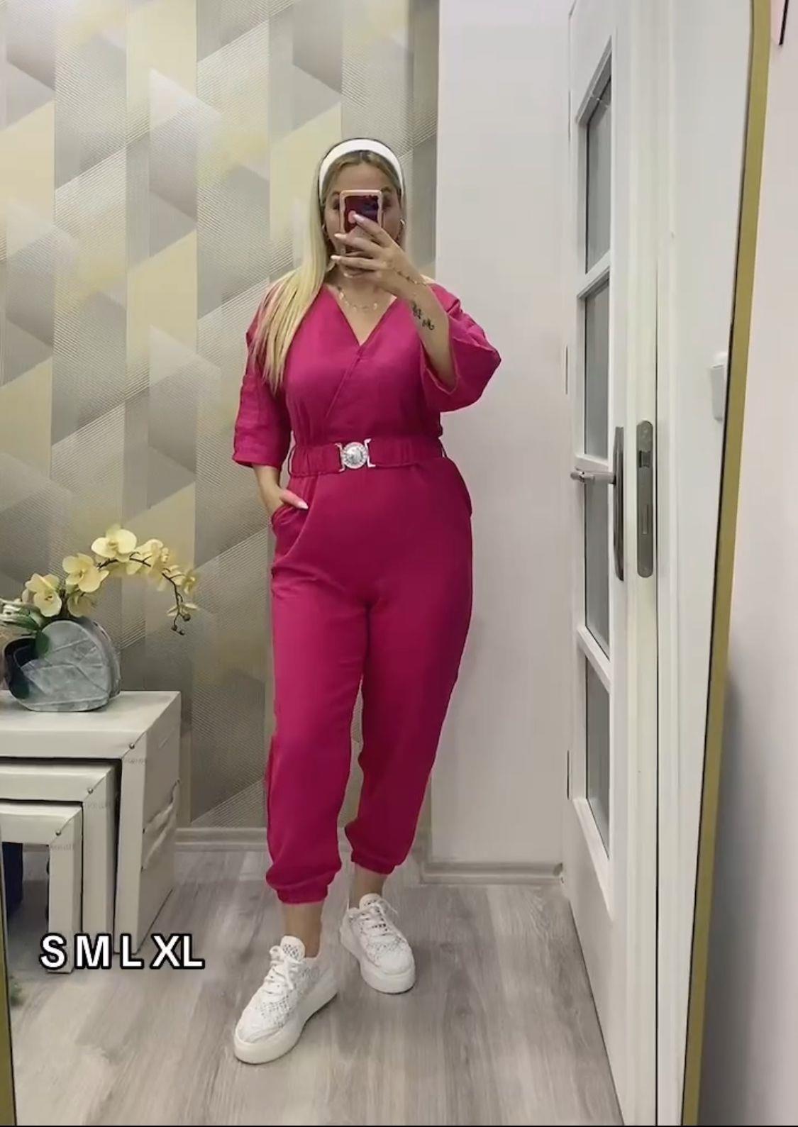 Kemerli Salaş Keten Tulum Pembe
