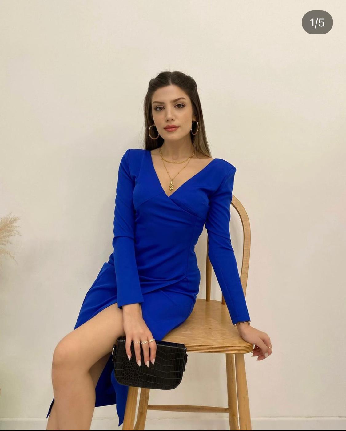 Kruvaze Yaka Yırtmaç Detay Elbise Mavi