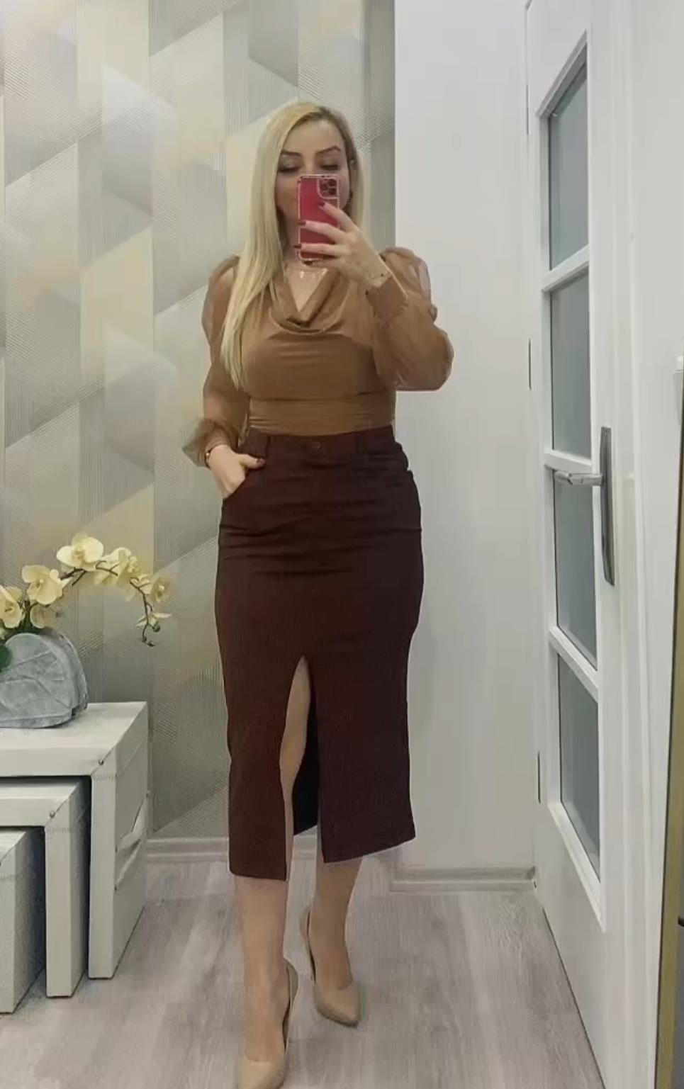 Likralı Yırtmaç Detay Kalem Etek Kahverengi
