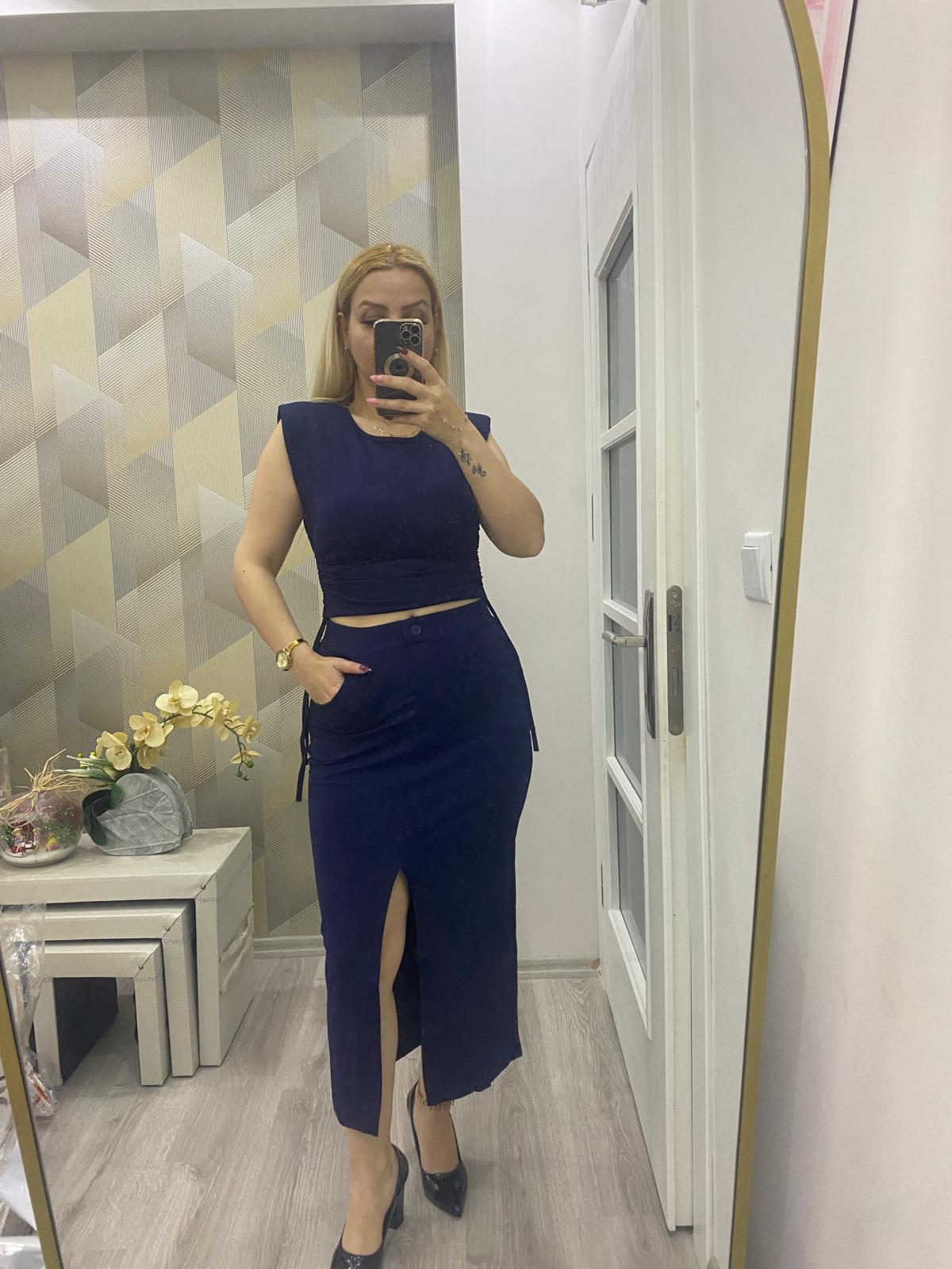 Omuz Vatkalı Yanları İp Detay Bluz Lacivert