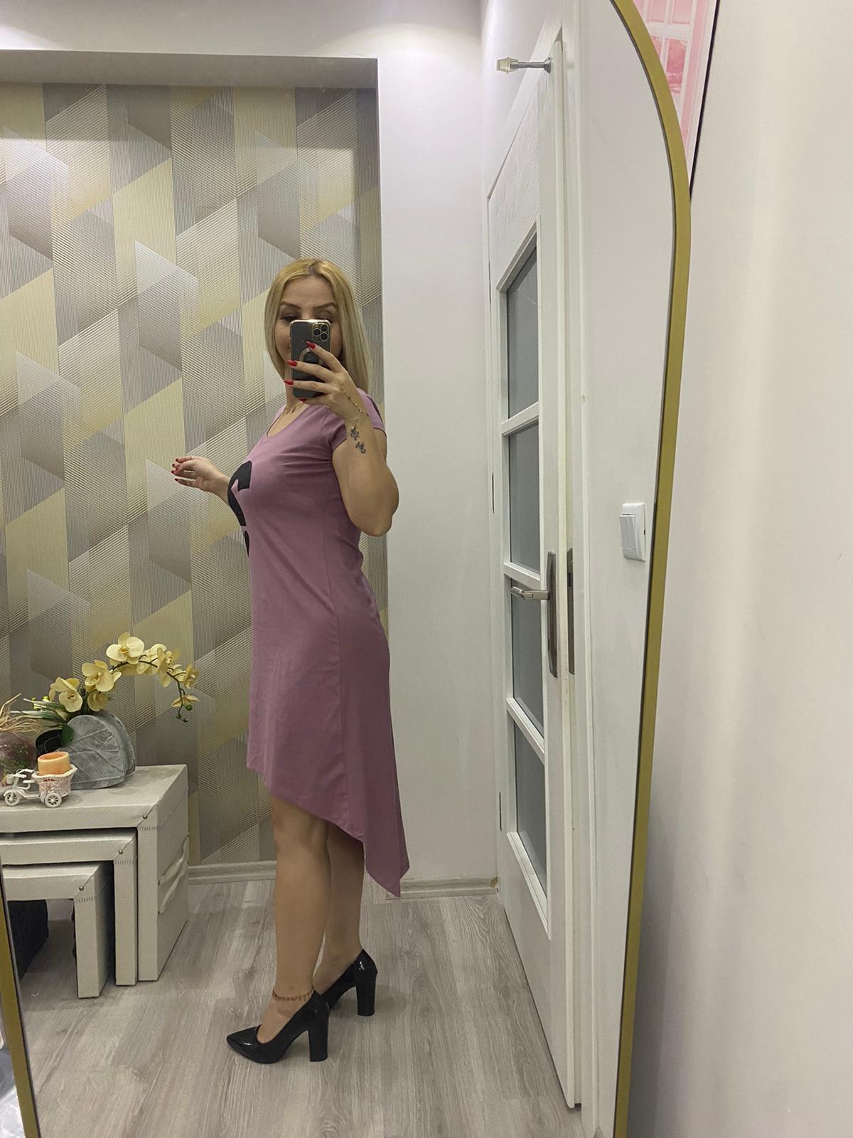 Önü Kısa Arka Uzun Penye Elbise Pembe