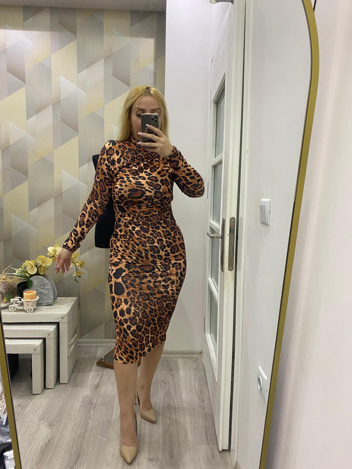 Sandy Desenli Kalem Elbise Leopar