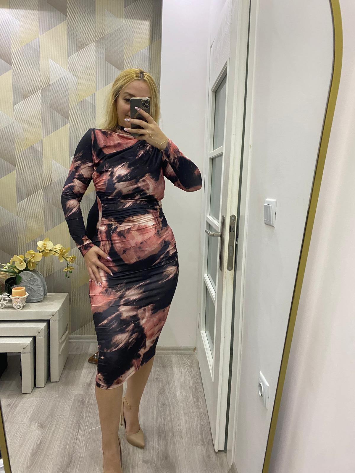 Sandy Desenli Kalem Elbise Pembe