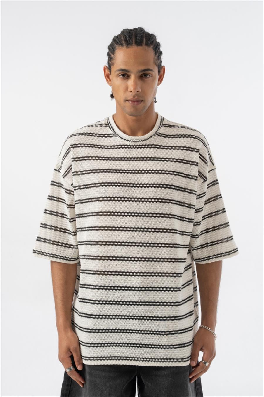 Ajurlu Örme Çizgili Oversize T-shirt