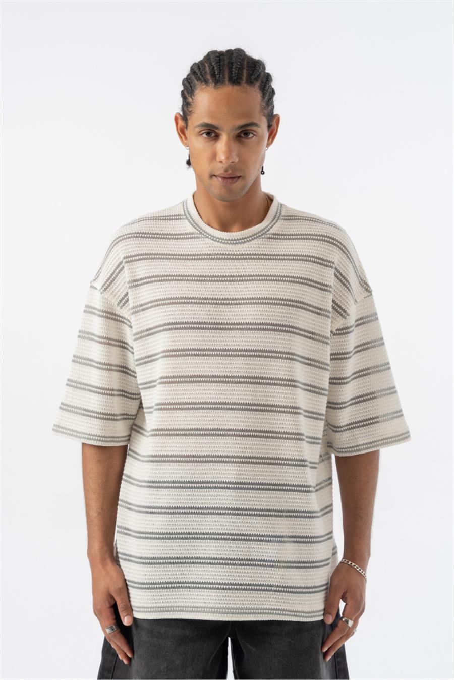 Ajurlu Örme Çizgili Oversize T-shirt