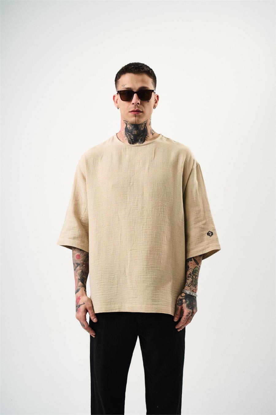 Fakir Kol Müslin Kumaş Oversize T-shirt