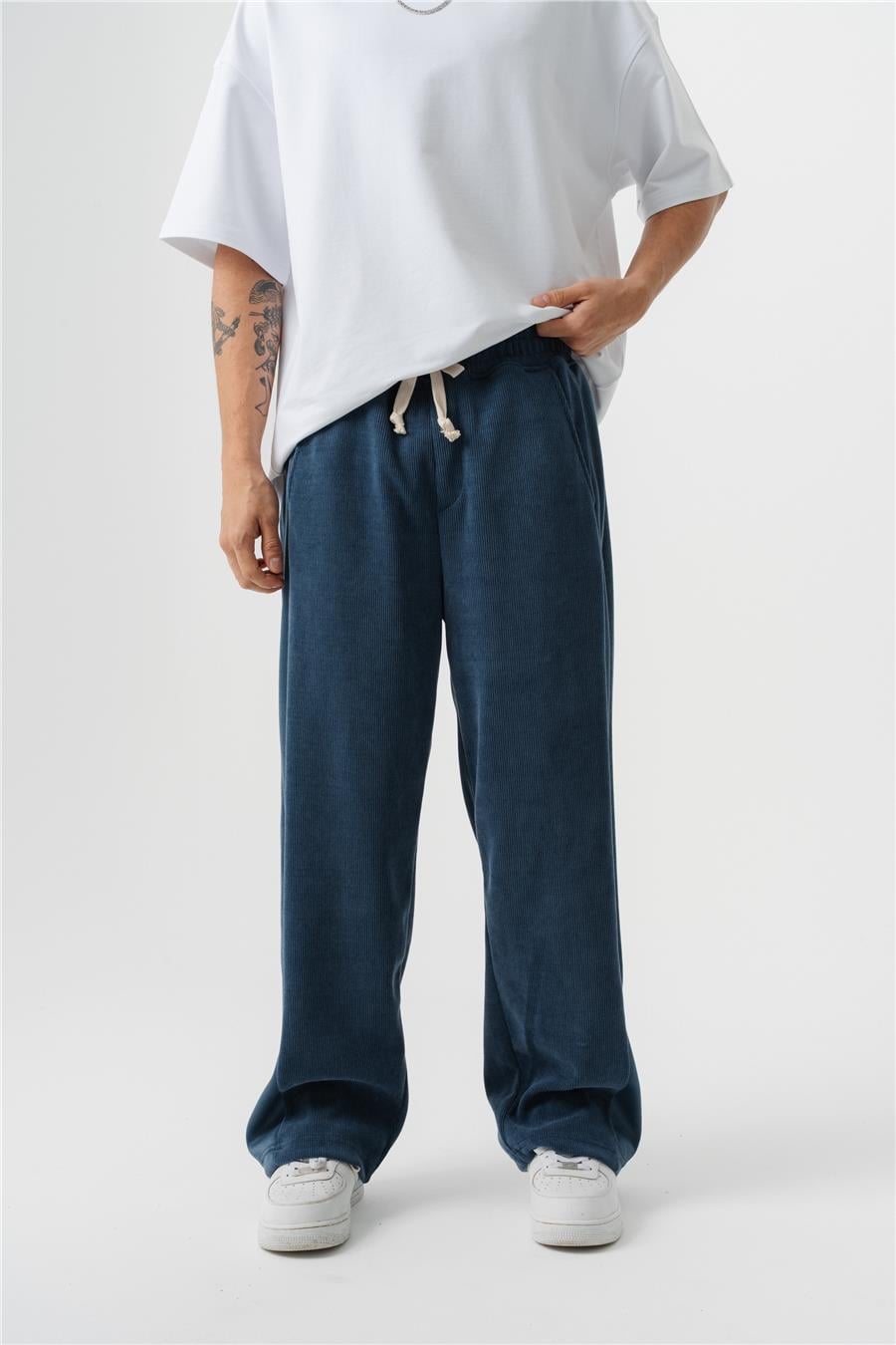 Yandan Parça Kumaşlı Kadife Baggy Pantolon
