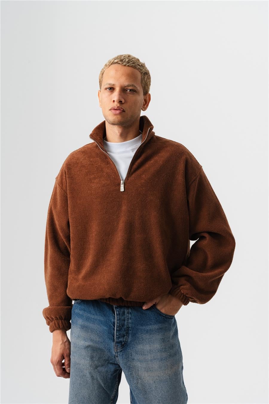 Yarım Fermuarlı Peluş Kumaş Sweatshirt
