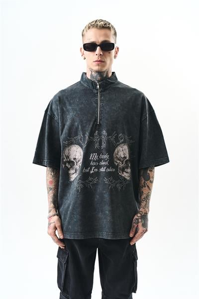 Skull Yarım Zip Washed Oversize T-shirt Antrasit