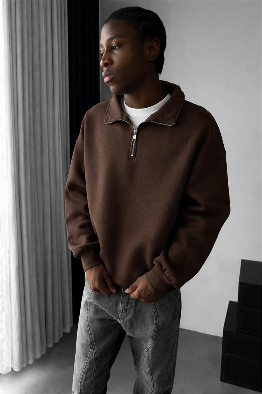 Basic Yarım Zip Fermuarlı Sweatshirt