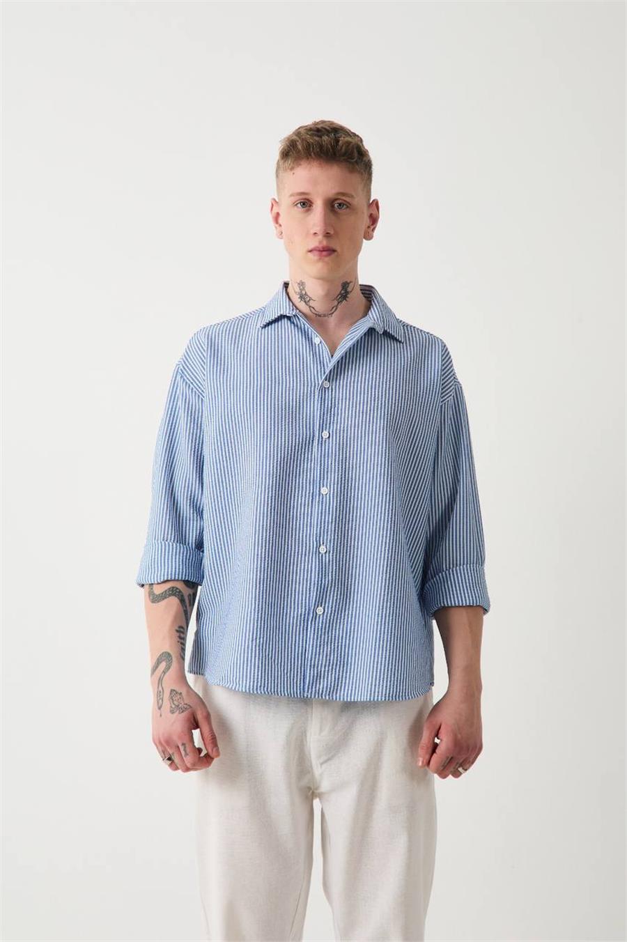 İnce Çizgili Oversize Gömlek