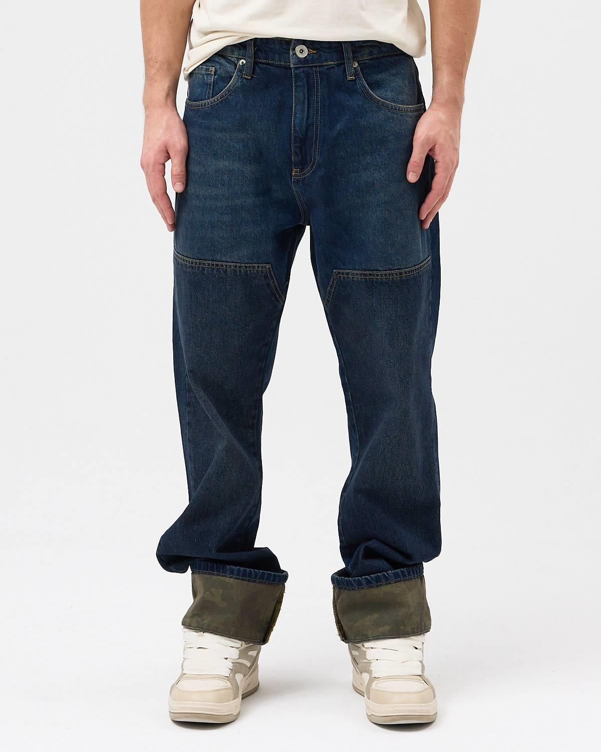 Koyu Laci Paça Kamuflaj Detaylı Baggy Jean