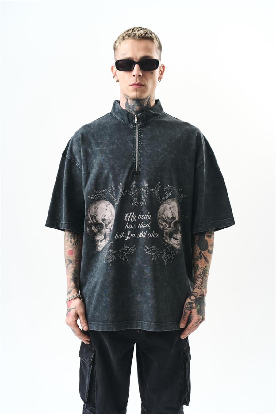 Skull Yarım Zip Washed Oversize T-shirt